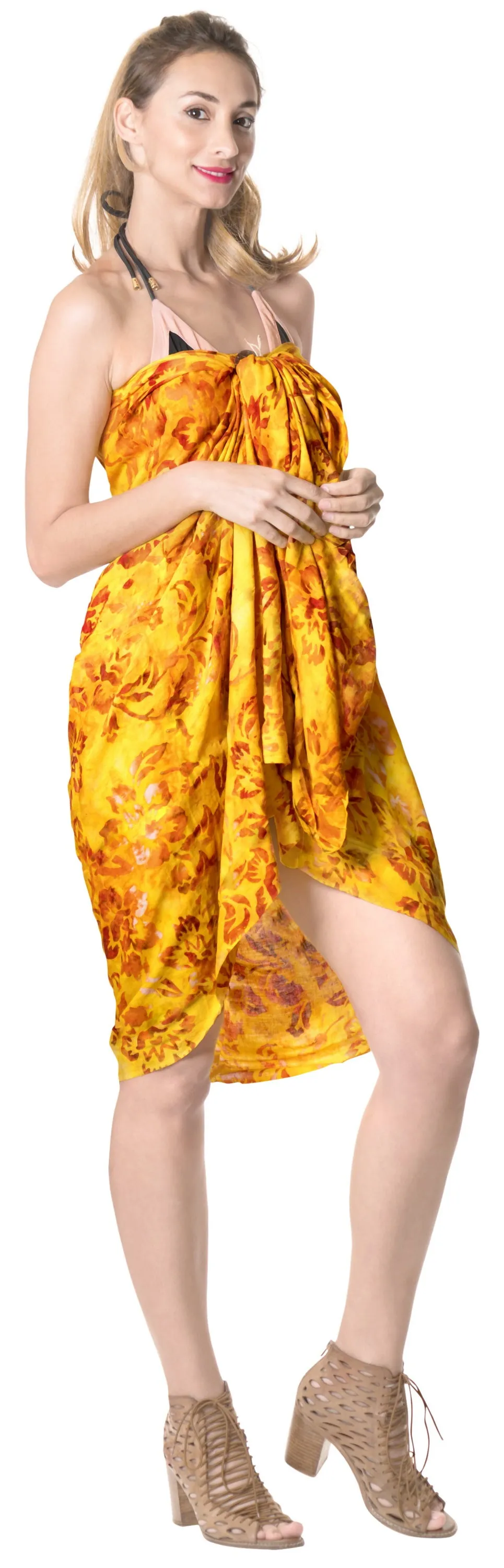 LA LEELA Bathing Suit Tie Slit Aloha Sarong Printed 78"X43" Golden_4417