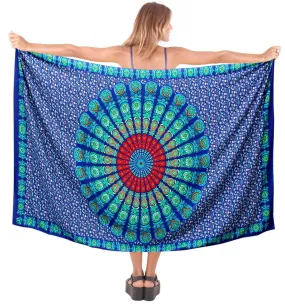 La Leela Soft Light Bathing Suit Tie Slit Sarong Digital 78"X39" Navy Blue_4918