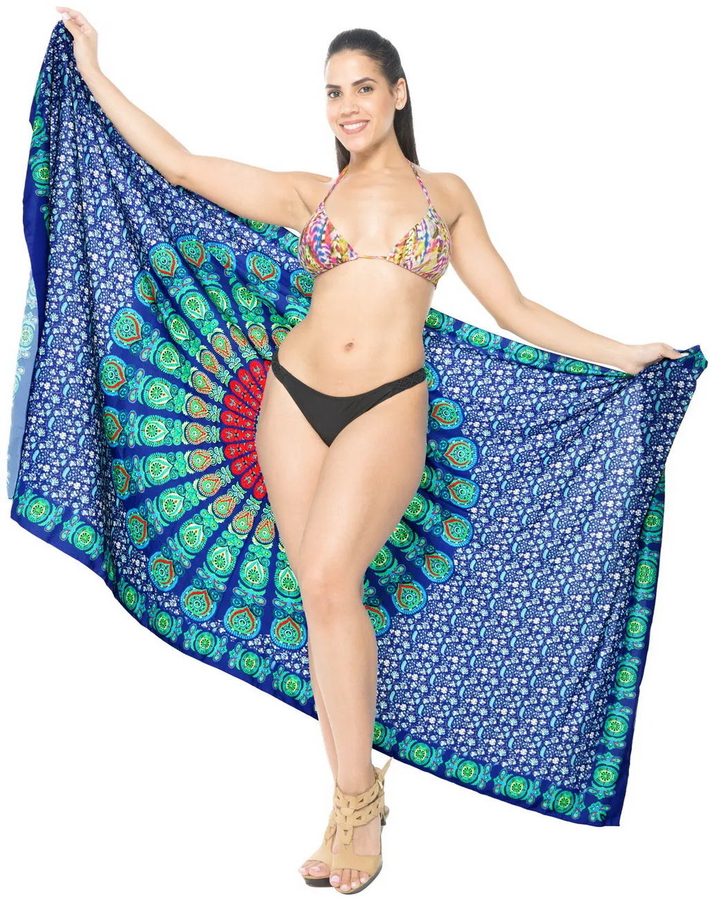 La Leela Soft Light Bathing Suit Tie Slit Sarong Digital 78"X39" Navy Blue_4918