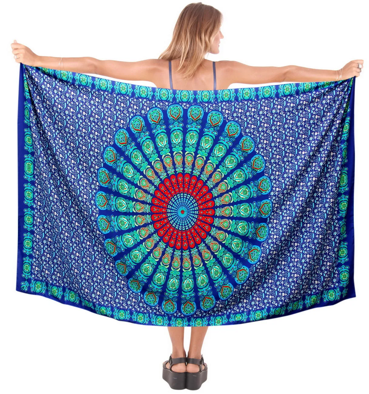 La Leela Soft Light Bathing Suit Tie Slit Sarong Digital 78"X39" Navy Blue_4918