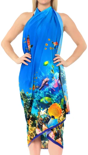 La Leela Soft Light Swimwear Women Wrap Beach Sarong Digital 78"X39" Blue_6766