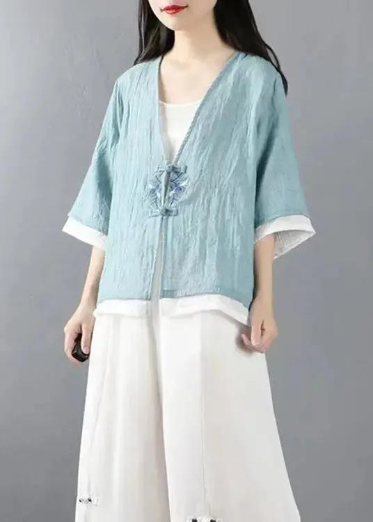 Light Blue Button Patchwork Linen Tops Coats V Neck Half Sleeve ML0860