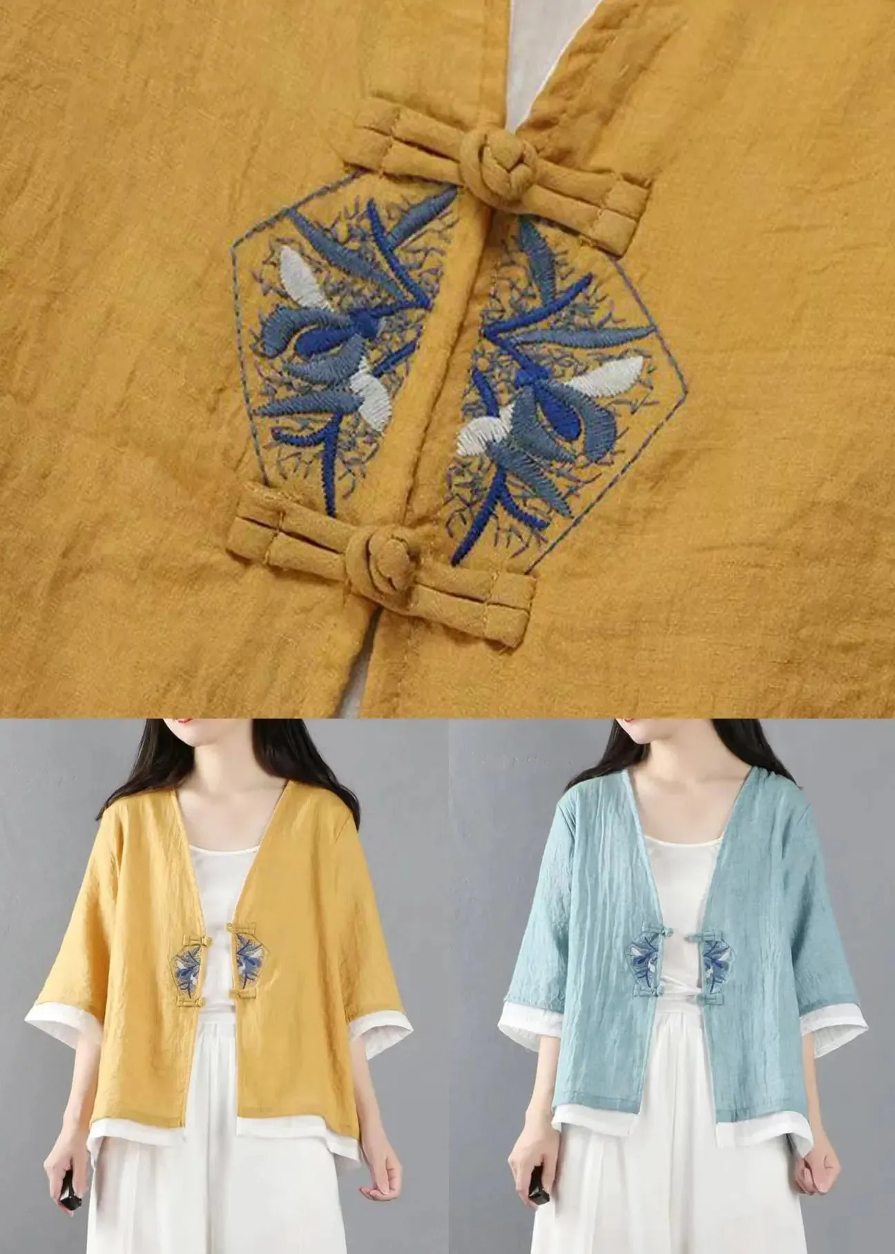 Light Blue Button Patchwork Linen Tops Coats V Neck Half Sleeve ML0860