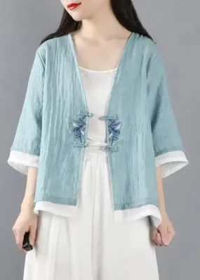 Light Blue Button Patchwork Linen Tops Coats V Neck Half Sleeve ML0860
