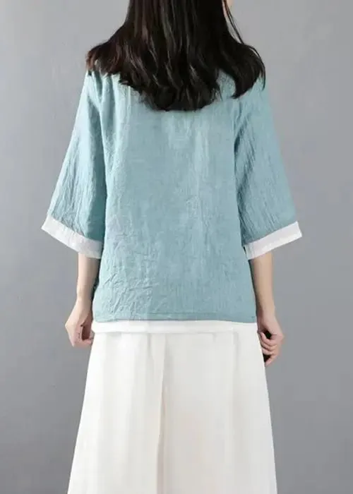 Light Blue Button Patchwork Linen Tops Coats V Neck Half Sleeve ML0860