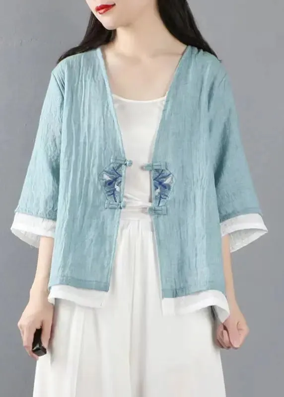 Light Blue Button Patchwork Linen Tops Coats V Neck Half Sleeve ML0860