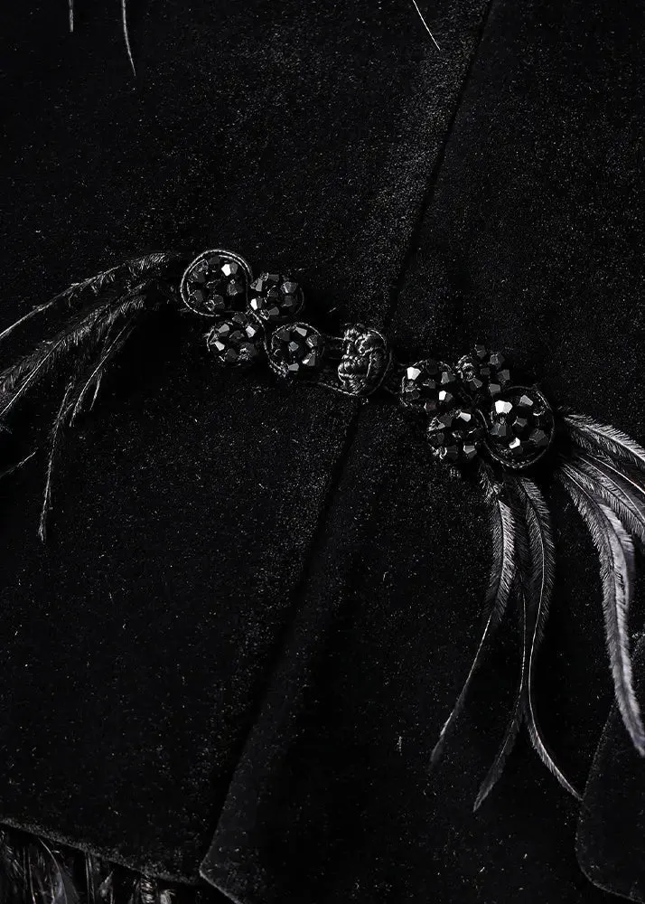 Loose Black Button Tasseled Detachable Patchwork Velour Coats Long Sleeve ML1354