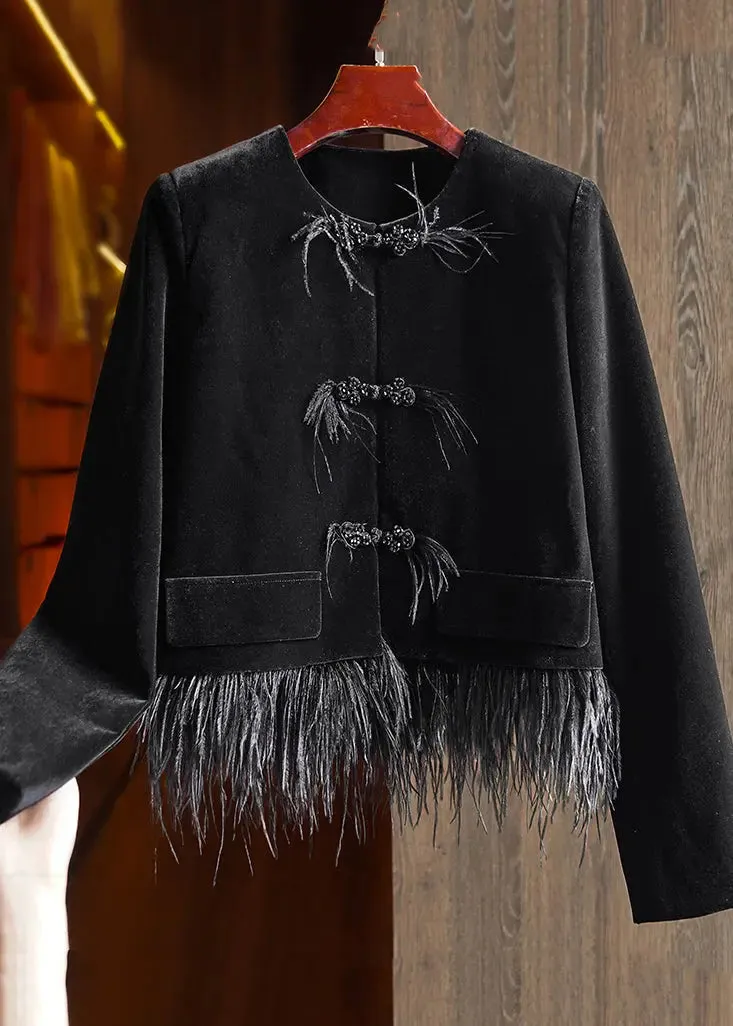 Loose Black Button Tasseled Detachable Patchwork Velour Coats Long Sleeve ML1354