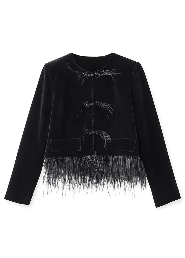 Loose Black Button Tasseled Detachable Patchwork Velour Coats Long Sleeve ML1354