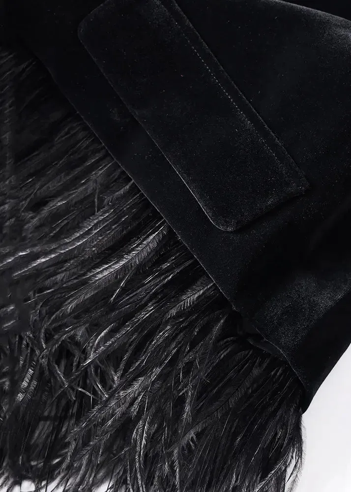 Loose Black Button Tasseled Detachable Patchwork Velour Coats Long Sleeve ML1354