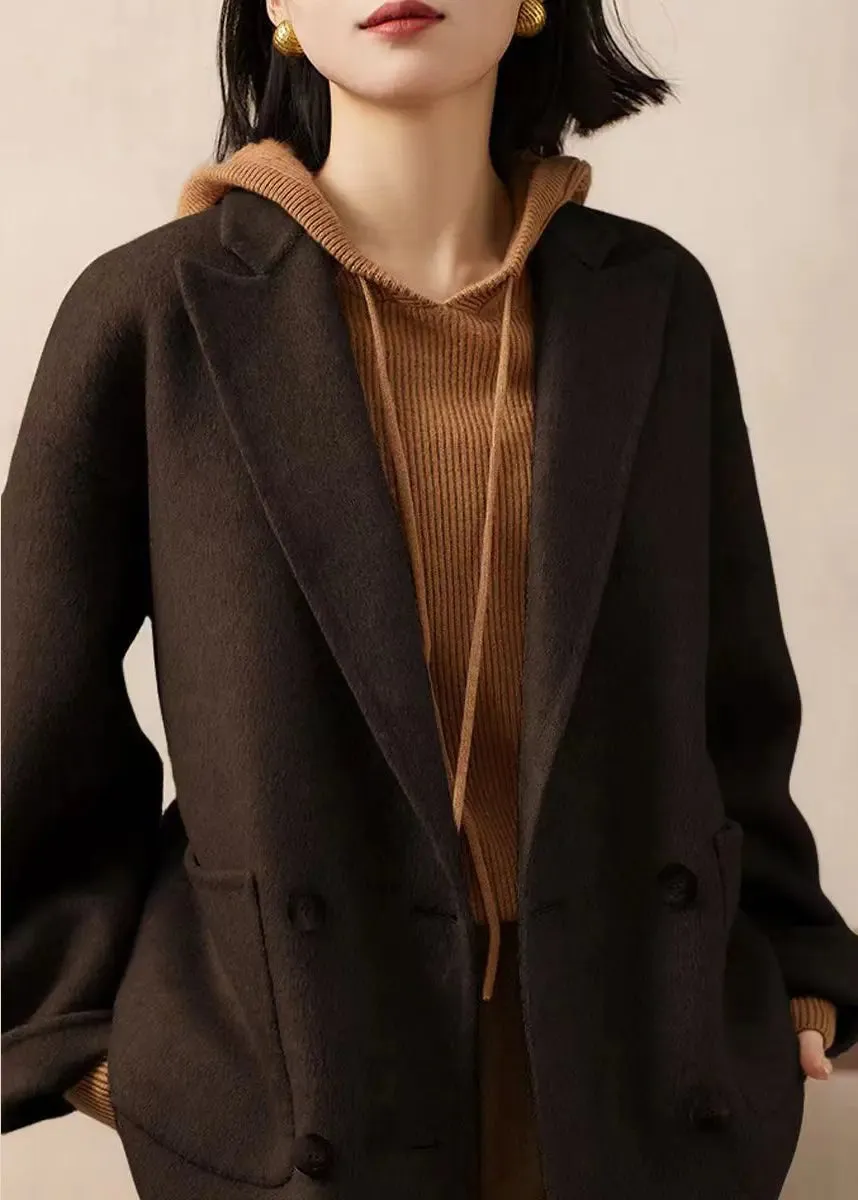 Loose Coffee Peter Pan Collar Pockets Patchwork Woolen Coats Winter ML1169