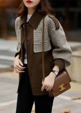 Loose Coffee Plaid Button Patchwork Cotton Coats Fall LY9624