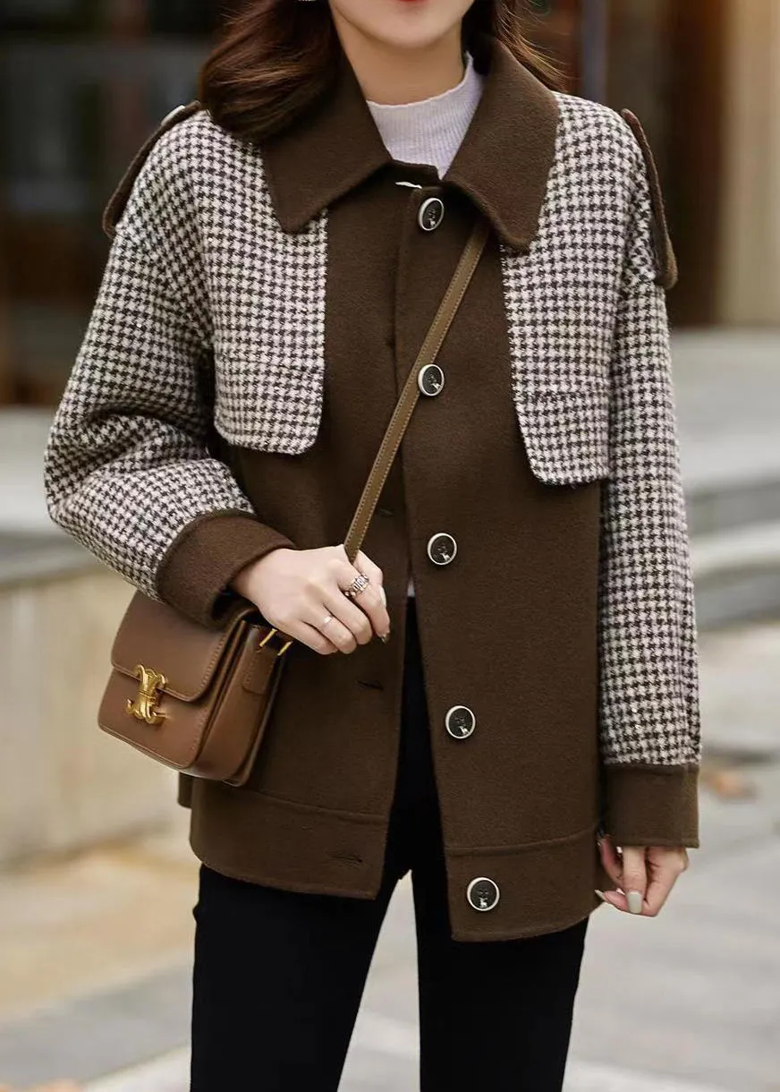 Loose Coffee Plaid Button Patchwork Cotton Coats Fall LY9624