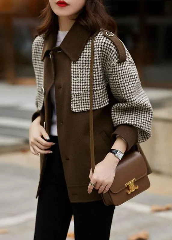 Loose Coffee Plaid Button Patchwork Cotton Coats Fall LY9624
