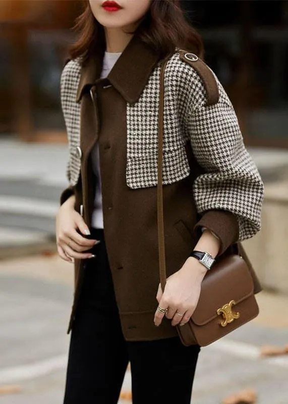 Loose Coffee Plaid Button Patchwork Cotton Coats Fall LY9624