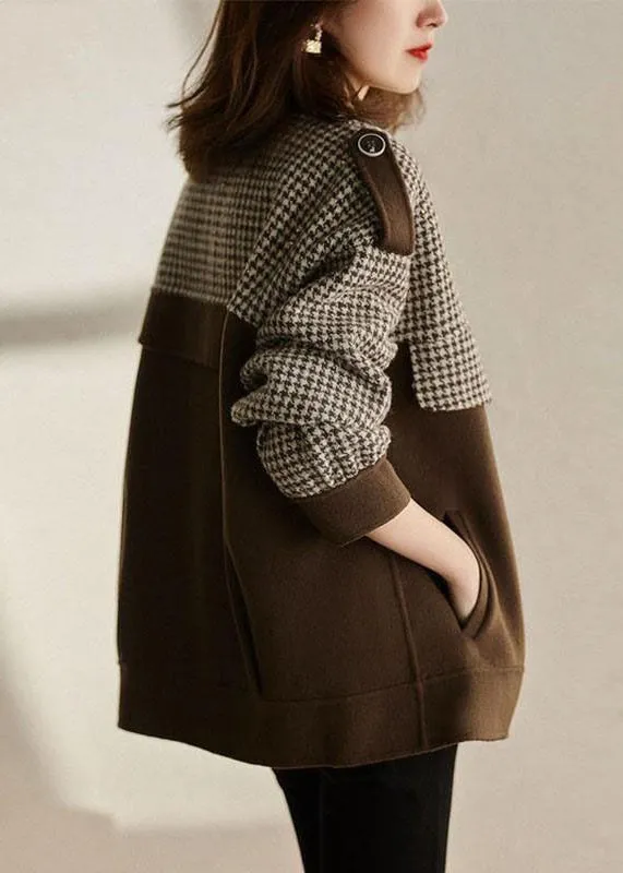 Loose Coffee Plaid Button Patchwork Cotton Coats Fall LY9624