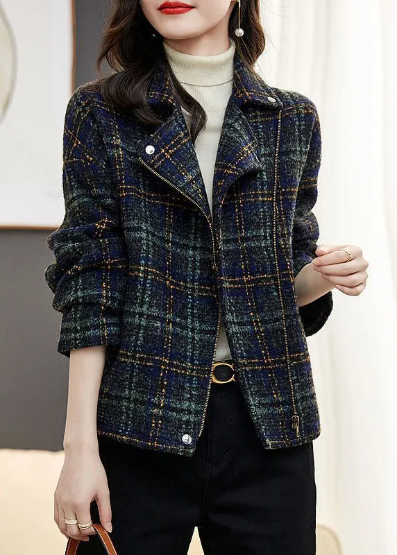 Loose Plaid Zip Up Pockets Patchwork Cotton Coats Long Sleeve LY9638