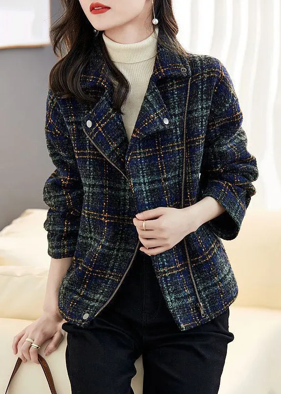 Loose Plaid Zip Up Pockets Patchwork Cotton Coats Long Sleeve LY9638