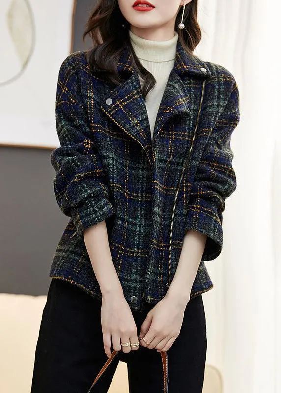 Loose Plaid Zip Up Pockets Patchwork Cotton Coats Long Sleeve LY9638
