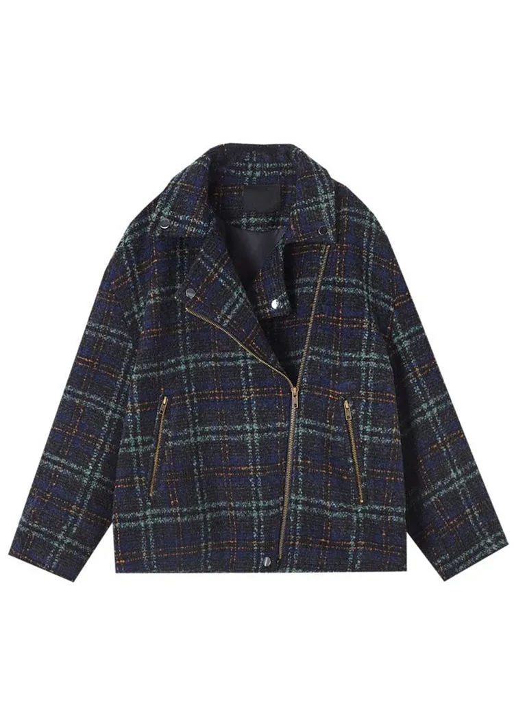 Loose Plaid Zip Up Pockets Patchwork Cotton Coats Long Sleeve LY9638