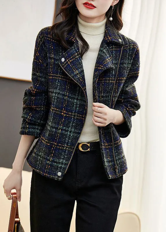 Loose Plaid Zip Up Pockets Patchwork Cotton Coats Long Sleeve LY9638
