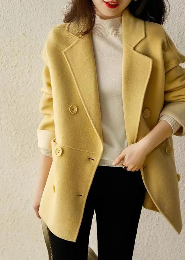 Loose Yellow Double Breast Pockets Patchwork Woolen Coats Fall LY9917