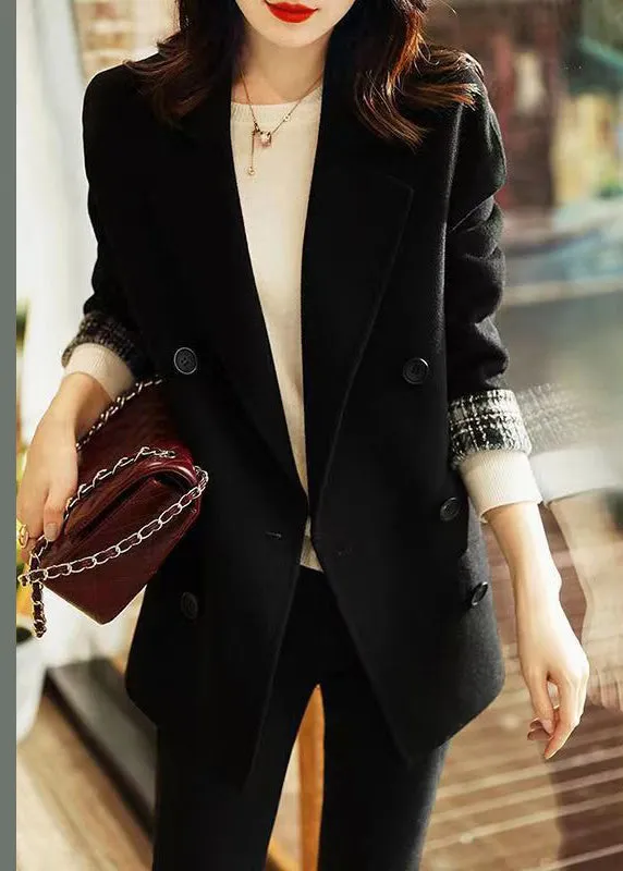 Loose Yellow Double Breast Pockets Patchwork Woolen Coats Fall LY9917