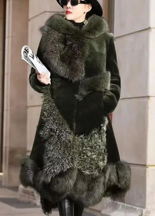 New Blackish Green Pockets Fox Collar Patchwork Fuzzy Fur Coats Winter ML2737