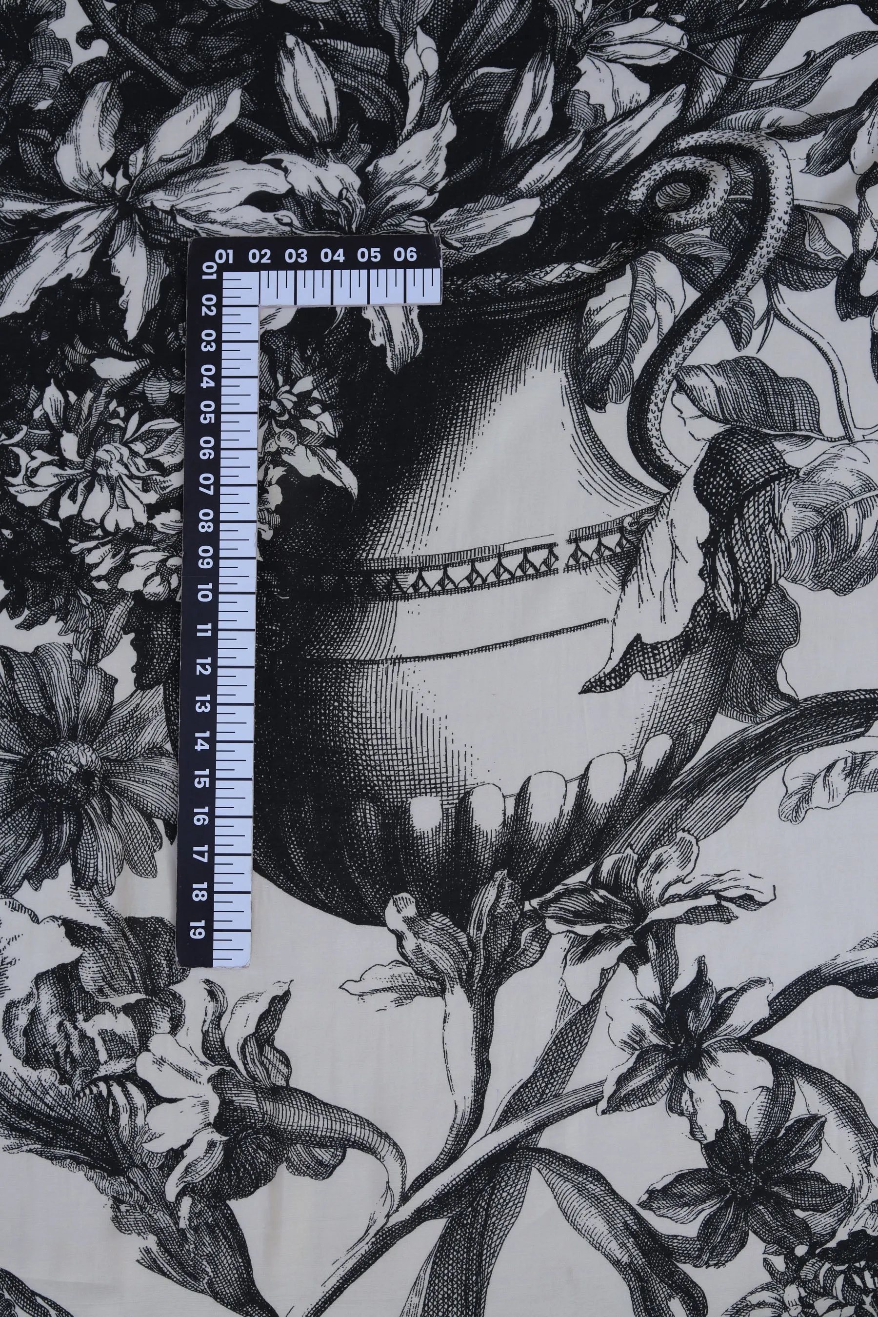 Off White Black Sketchy Floral Pattern Printed Natural Muslin Silk Fabric