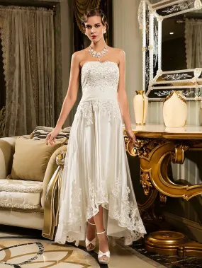 Open Back Little White Dresses Wedding Dresses Asymmetrical A-Line Strapless Strapless Beaded Lace With Appliques Button