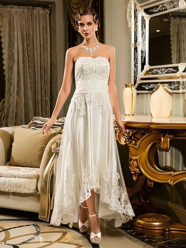 Open Back Little White Dresses Wedding Dresses Asymmetrical A-Line Strapless Strapless Beaded Lace With Appliques Button