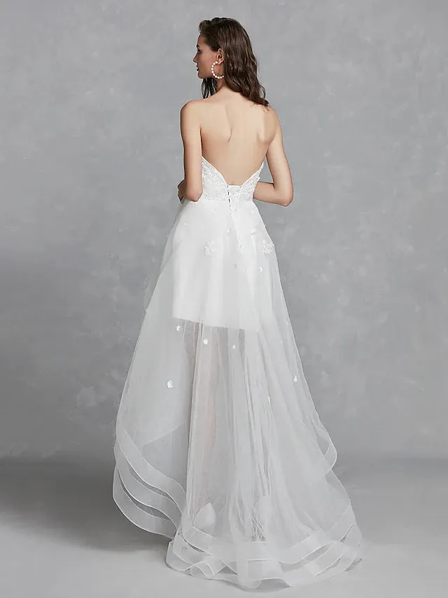 Open Back Little White Dresses Wedding Dresses Asymmetrical A-Line Strapless Sweetheart Lace With Appliques