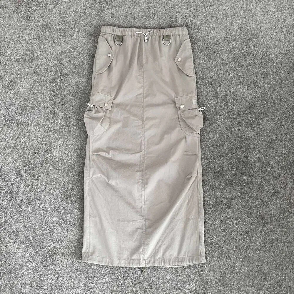 Pre Order:  Multi-Pocket Drawstring Back Split Skirt