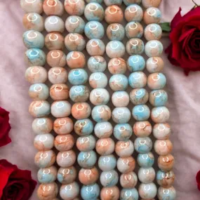 Printed Glass Beads 8mm - Light Orange & Light Blue