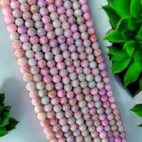 Printed Glass Beads 8mm - Light Pink & White