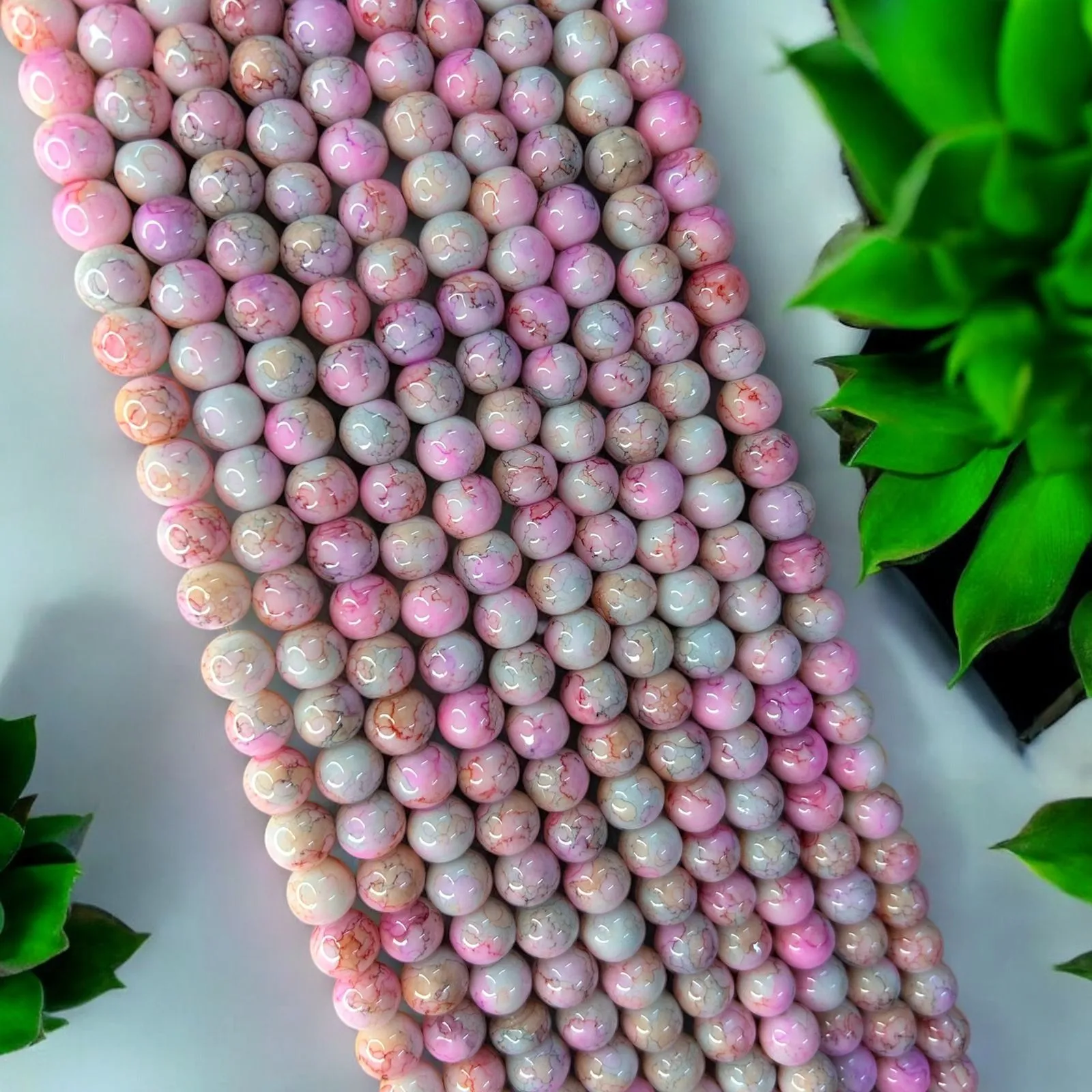 Printed Glass Beads 8mm - Light Pink & White