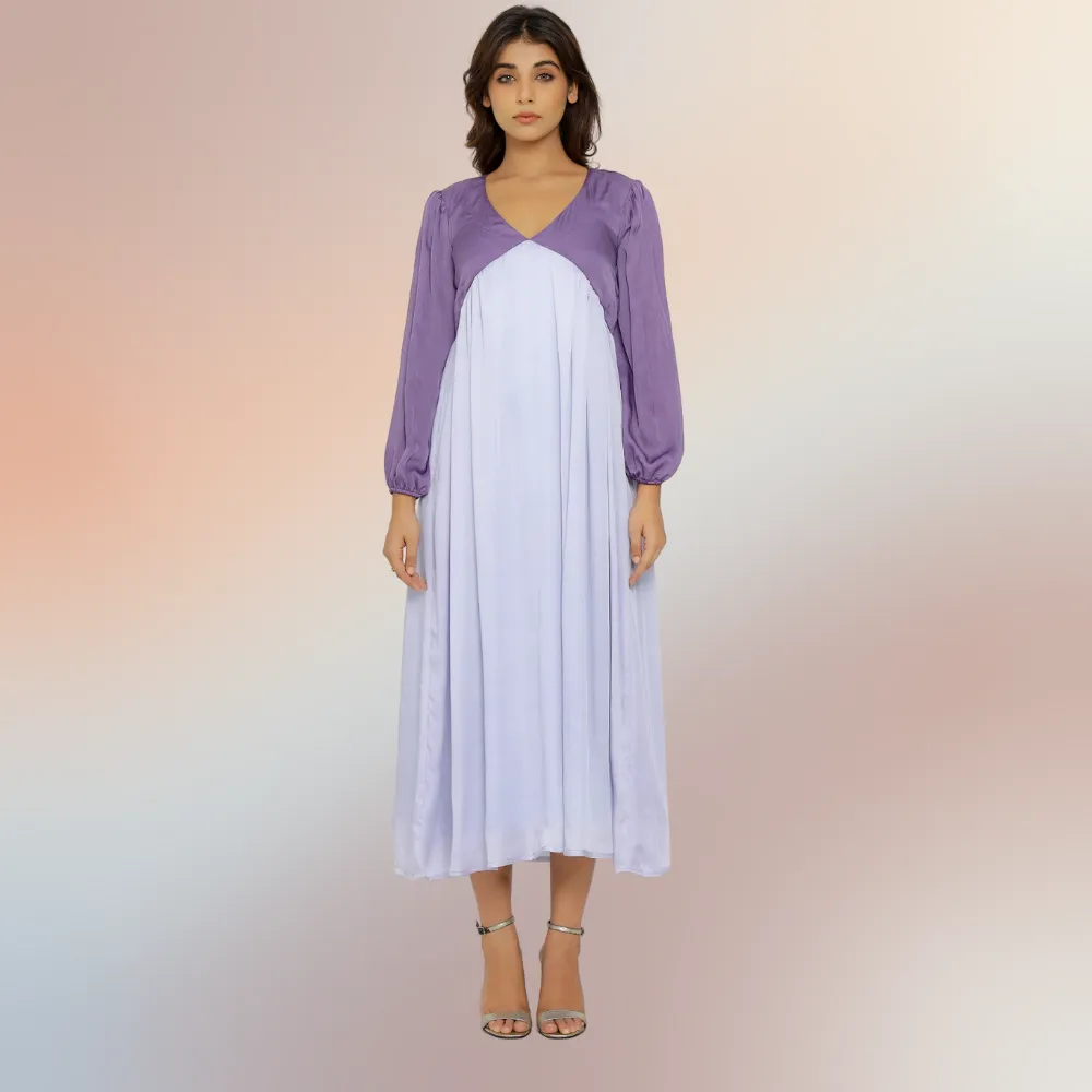 Purple-Lilac Colour Block Asymmetric Maxi Dress | Bemberg Modal Silk