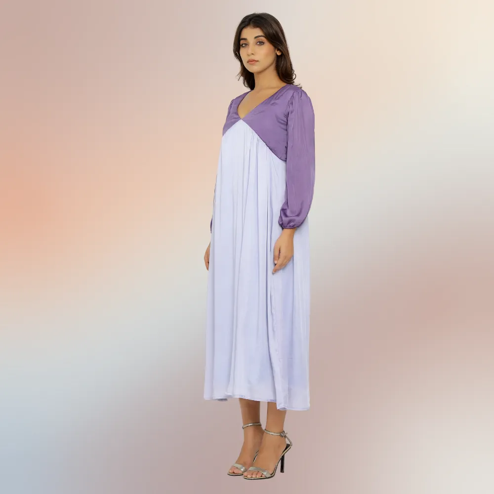 Purple-Lilac Colour Block Asymmetric Maxi Dress | Bemberg Modal Silk