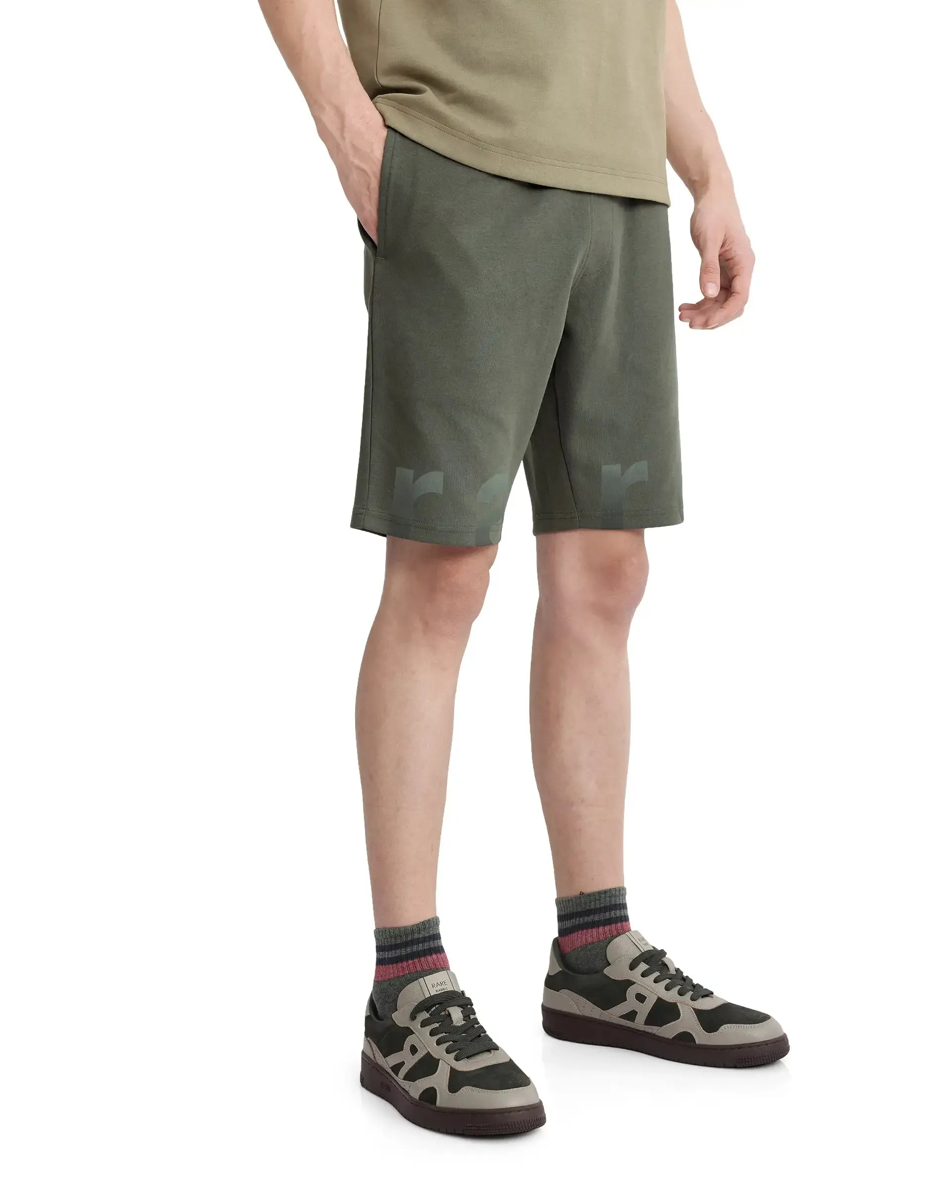 Rare Rabbit Men's Lets Dusky Green Drawstring Closure Hd Print Shorts