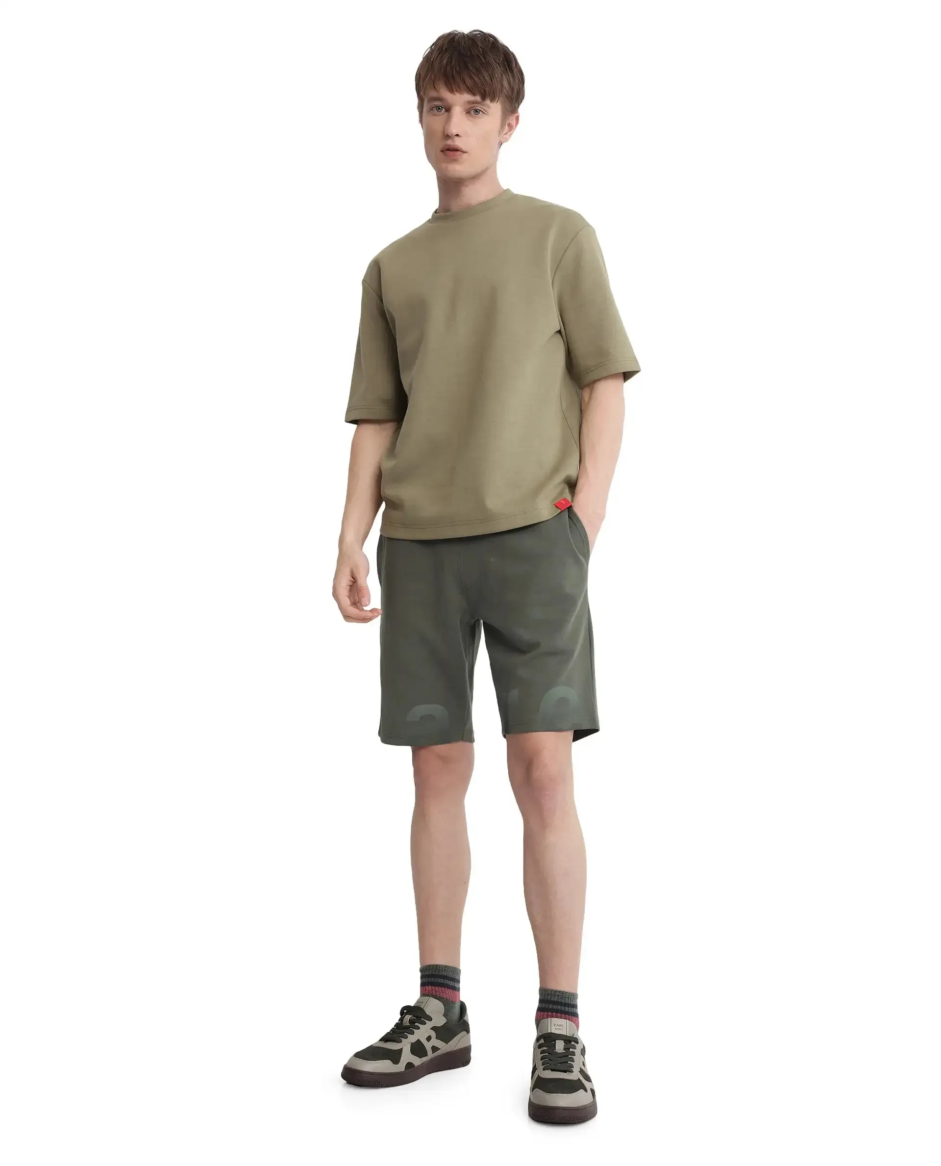 Rare Rabbit Men's Lets Dusky Green Drawstring Closure Hd Print Shorts