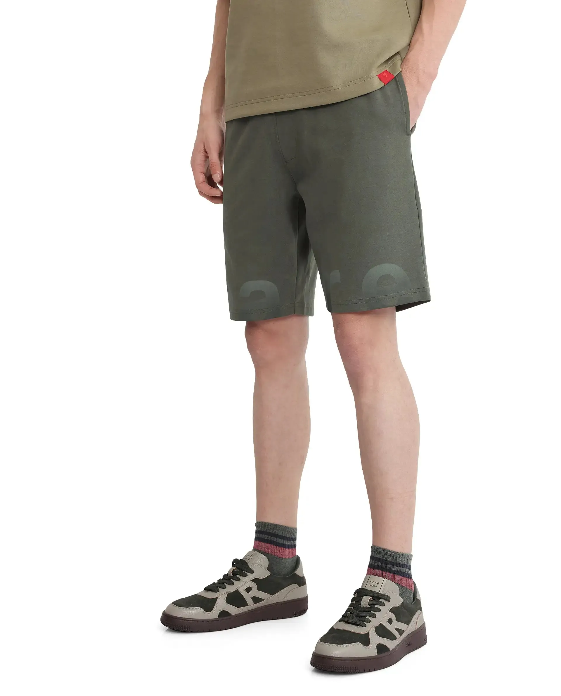 Rare Rabbit Men's Lets Dusky Green Drawstring Closure Hd Print Shorts