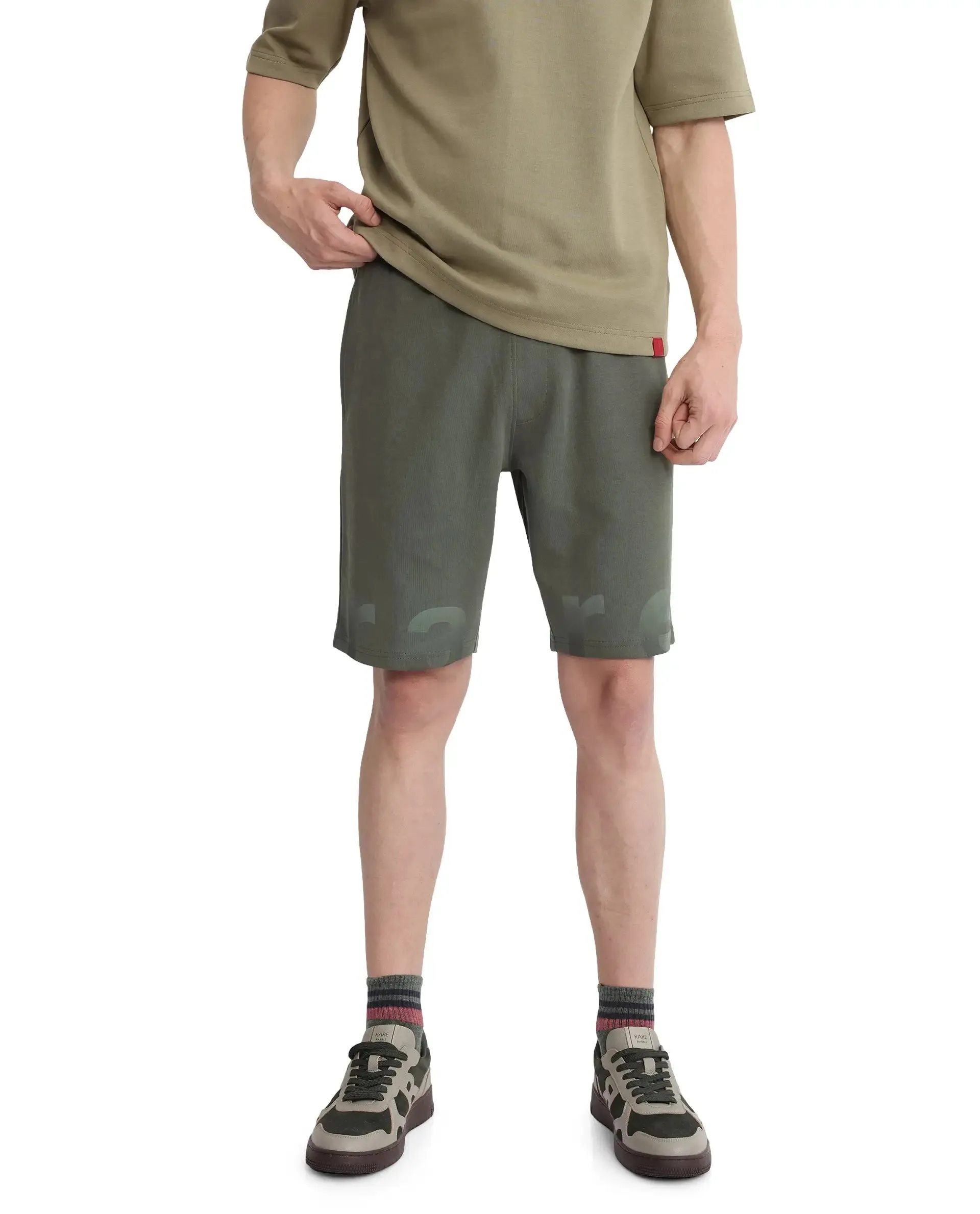 Rare Rabbit Men's Lets Dusky Green Drawstring Closure Hd Print Shorts