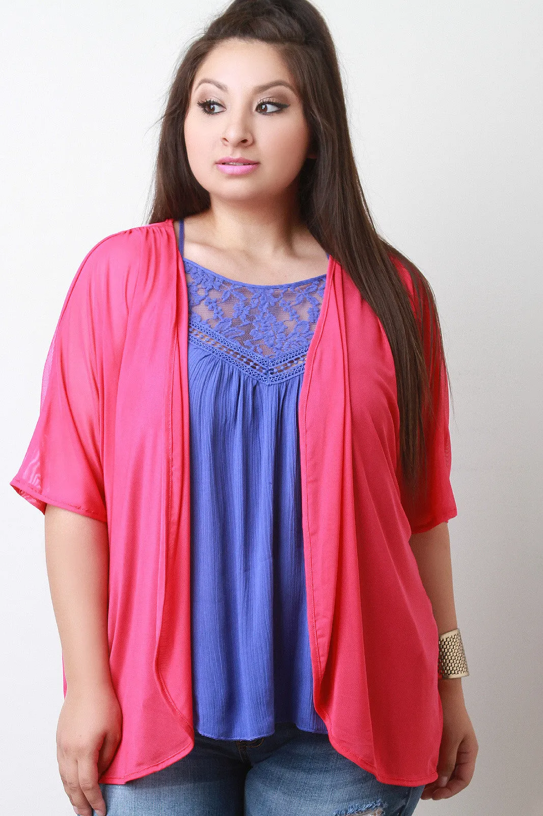 Semi-Sheer Mesh Open Front Cardigan