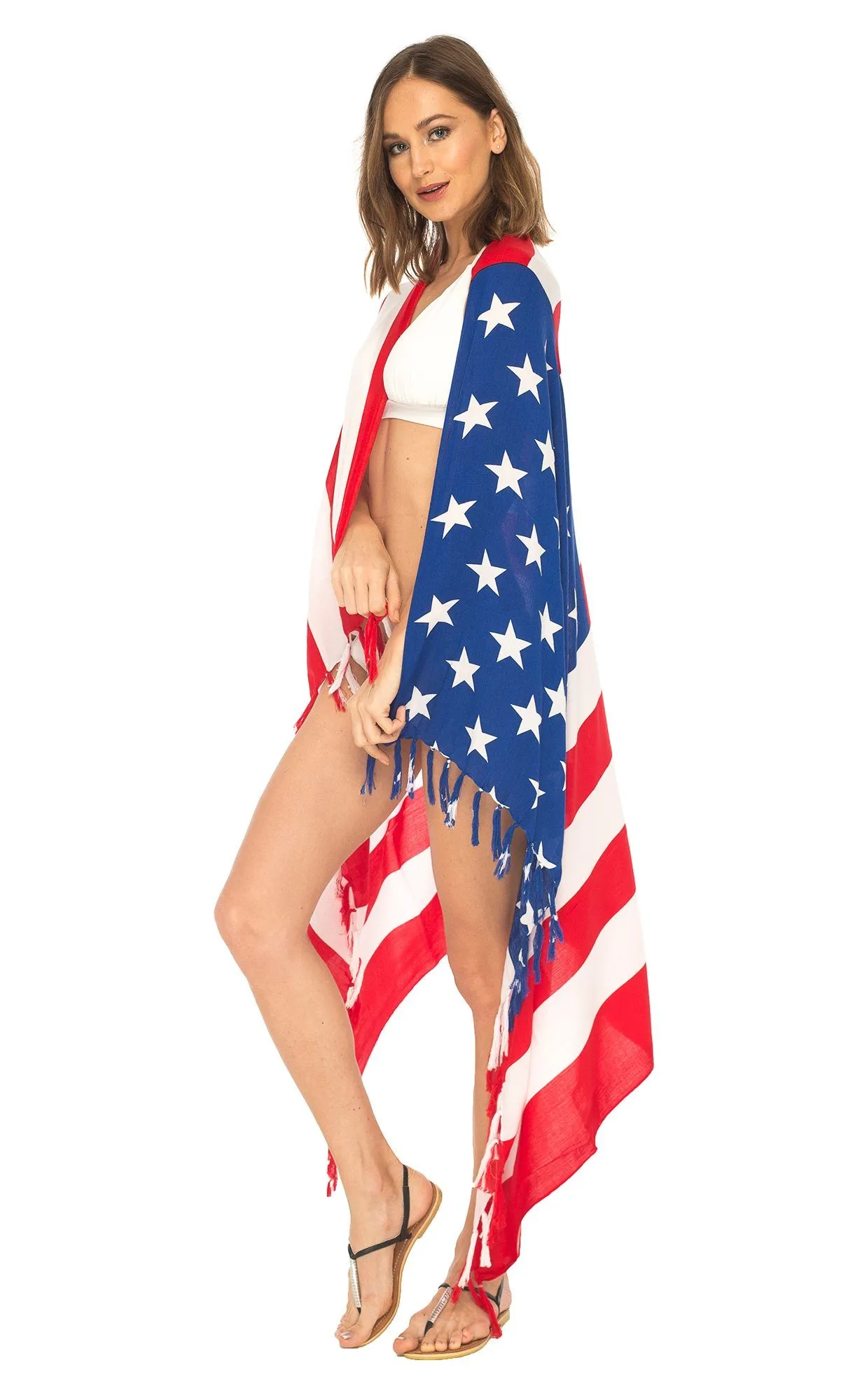 SHU-SHI Womens Beach Swimsuit Cover Up American Flag Sarong Wrap with Coconut Clip