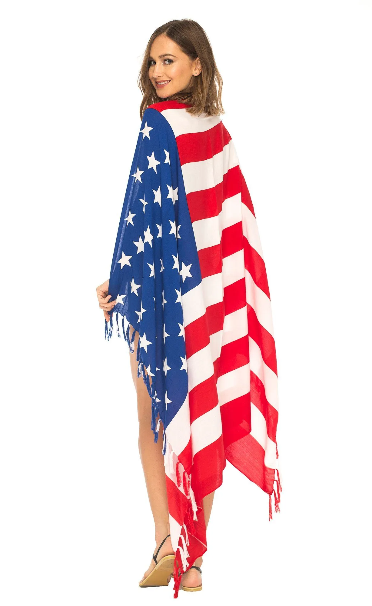 SHU-SHI Womens Beach Swimsuit Cover Up American Flag Sarong Wrap with Coconut Clip