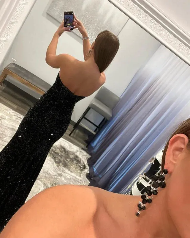 Sparkly Mermaid Strapless Black Sequins Prom Dresses with Slit