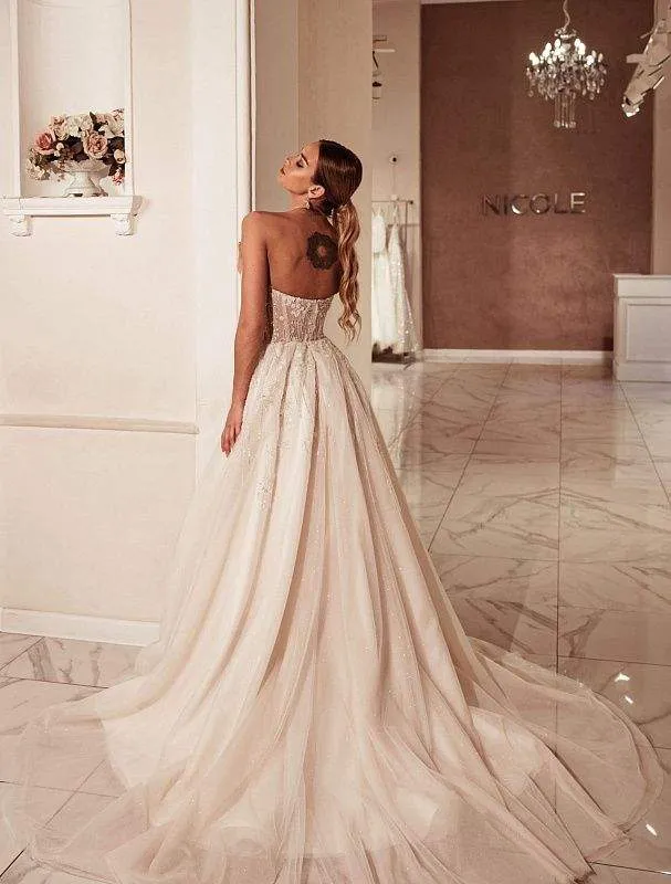 Strapless Sweetheart Neckline Lace Bodice A-line Wedding Dress