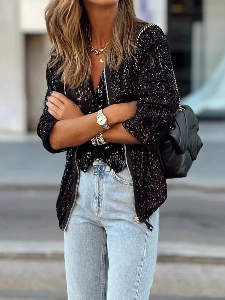UAKISS  -  Women Full Sequins Patchwork Zipper Jackets Loose Casual Long Sleeve Female Coats Spring Summer Solid Streetwear Outerwear Tops