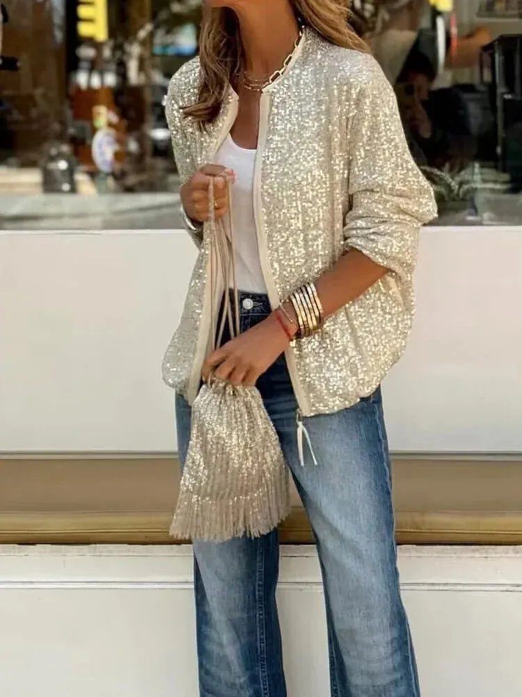 UAKISS  -  Women Full Sequins Patchwork Zipper Jackets Loose Casual Long Sleeve Female Coats Spring Summer Solid Streetwear Outerwear Tops