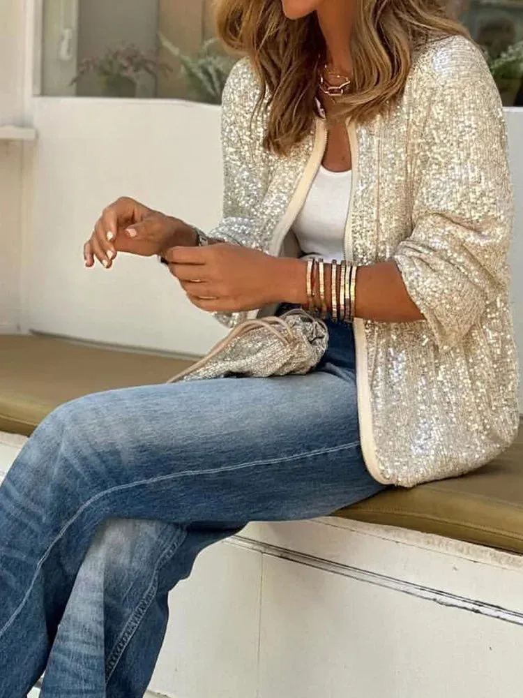 UAKISS  -  Women Full Sequins Patchwork Zipper Jackets Loose Casual Long Sleeve Female Coats Spring Summer Solid Streetwear Outerwear Tops